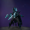 The default skin of Phantom Assassin, shown for comparison with the Gothic Whisper set. This highlights the transformation into a figure of deadly elegance with a distinctive hat, bandana, ornate skeletal armor, tattered crimson cape, and custom bone-hilted daggers.