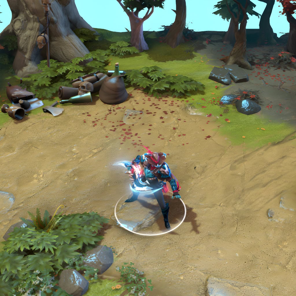Phantom Assassin shown in-game wearing the Gothic Whisper set. The wide-brimmed hat, face-concealing bandana, ornate skeletal armor with metallic blue plating and skull motifs, tattered crimson cape, and custom bone-hilted daggers are clearly visible, showcasing the set's full impact.
