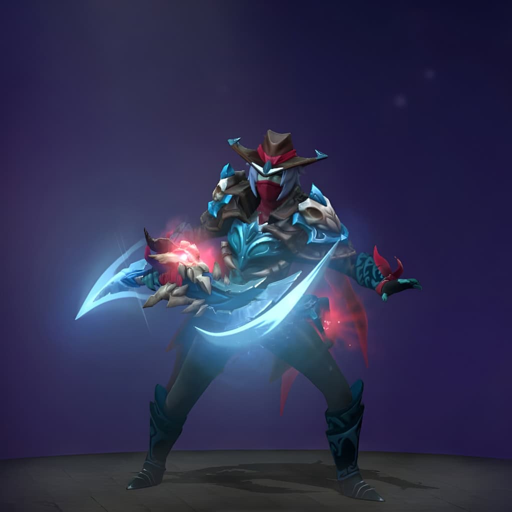 Phantom Assassin's "Gothic Whisper" from The International 2019 Collector's Cache. This Mythical set transforms Mortred into a deadly figure with a distinctive wide-brimmed hat, face-concealing bandana, and ornate skeletal armor with bone-like protrusions and skull motifs. A tattered crimson cape flows, and she wields custom bone-hilted daggers.