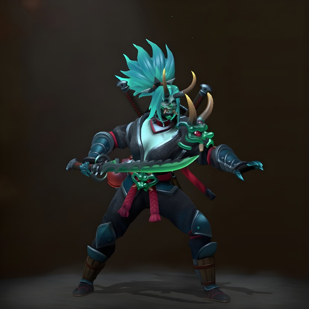 Onikage Disciple set for Phantom Assassin from the Winter 2024 Heroes Hoard. This Dota 2 skin features a demonic mask, turquoise flame-like hair, glowing green blades, and a jade dragon shoulder piece.