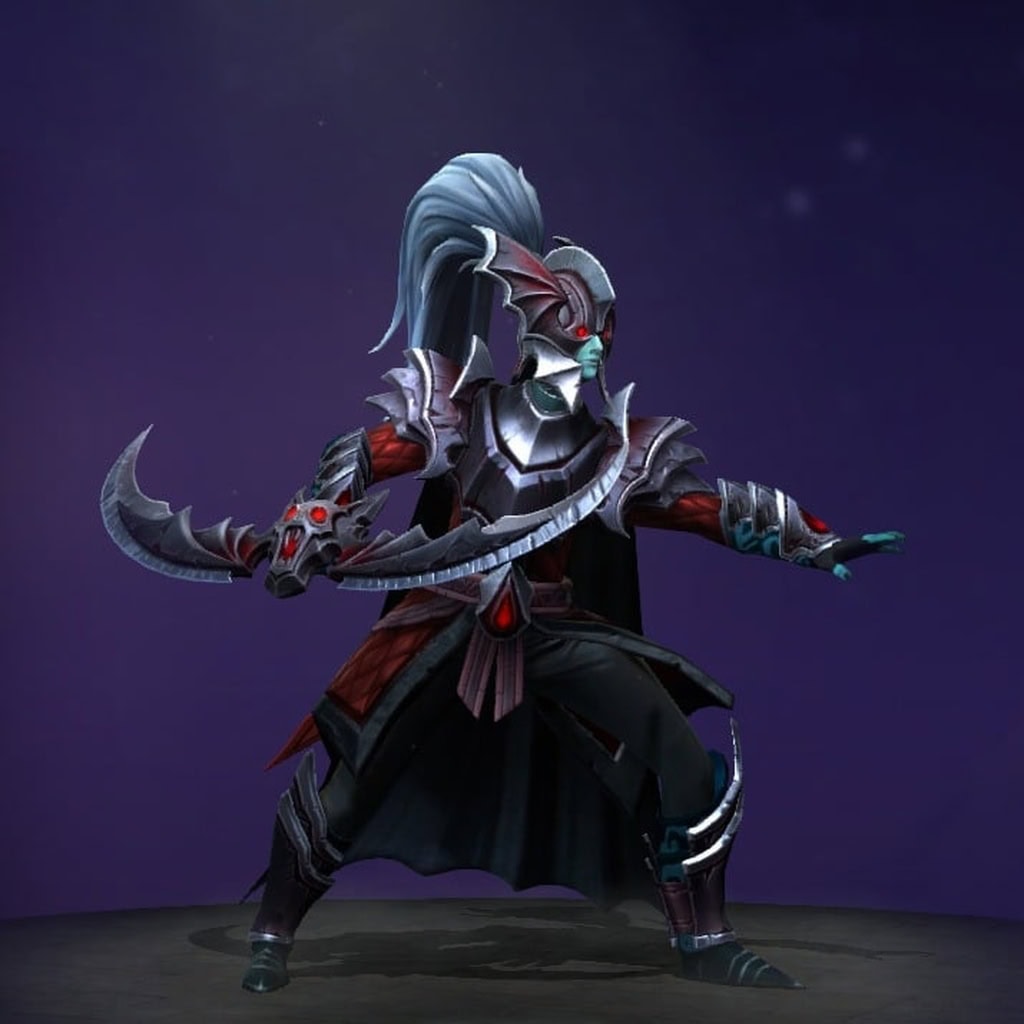 Phantom Assassin's "Visions of the Lifted Veil" The International 2018 Collector's Cache set. Transforms her into a vampiric creature of the night, cloaked in dark, aristocratic armor accented with blood-red cloth. Features bat-wing blades, an enigmatic masked helm with a silver ponytail, and ornate layered armor.