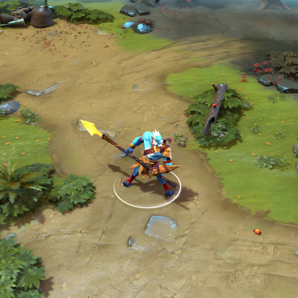 A gameplay screenshot of Phantom Lancer's default model in Dota 2. This serves as a baseline to contrast with the enhanced in-game visuals, iconic Anubis headdress, ornate golden armor, and custom crescent glaive of the Scales of the Shadow Walker cosmetic set.