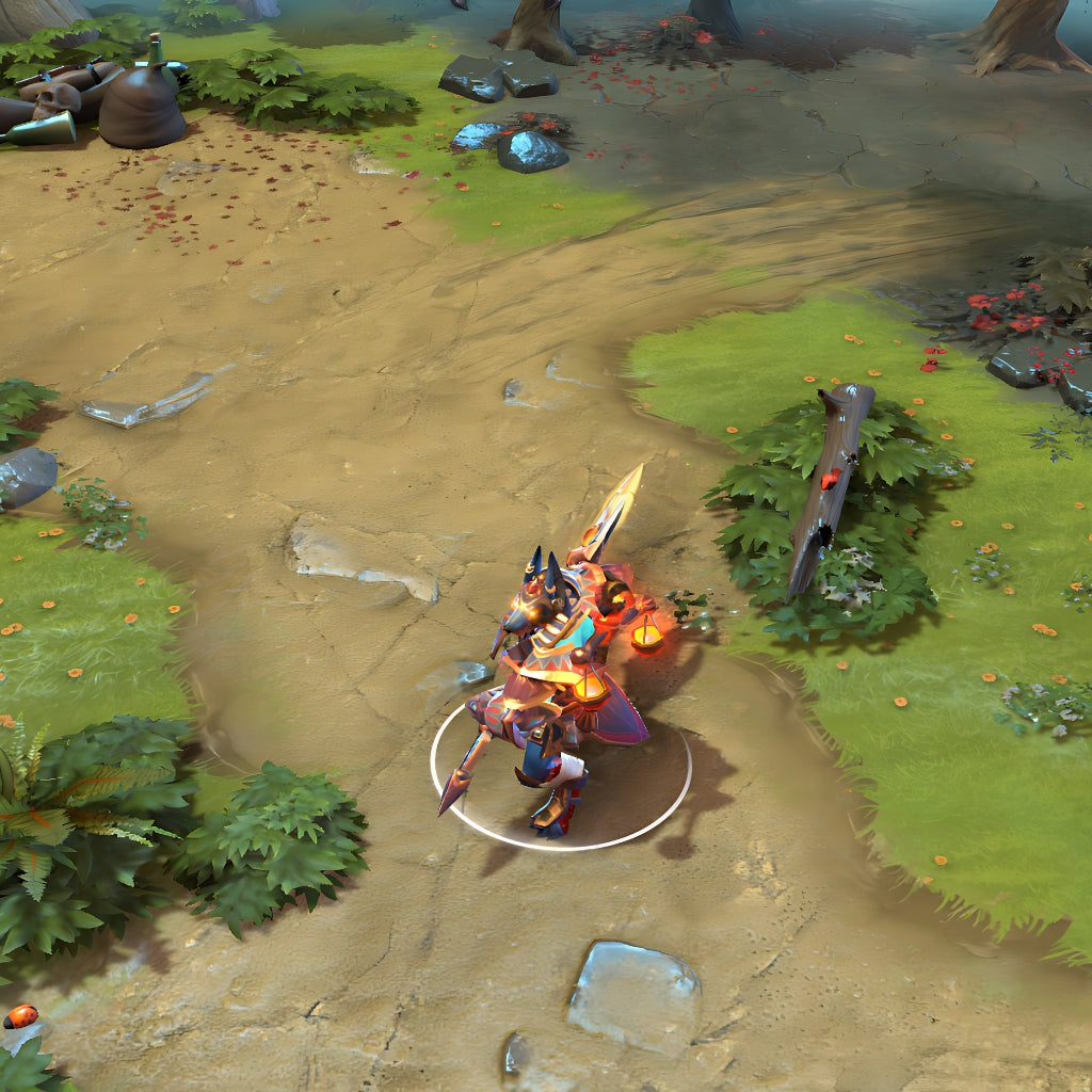 Phantom Lancer shown in-game wearing the Scales of the Shadow Walker set. The iconic Anubis headdress with glowing eyes, ornate golden armor with fiery effects, custom crescent glaive, and symbolic weighing scale are clearly visible, showcasing the set's full impact during gameplay.