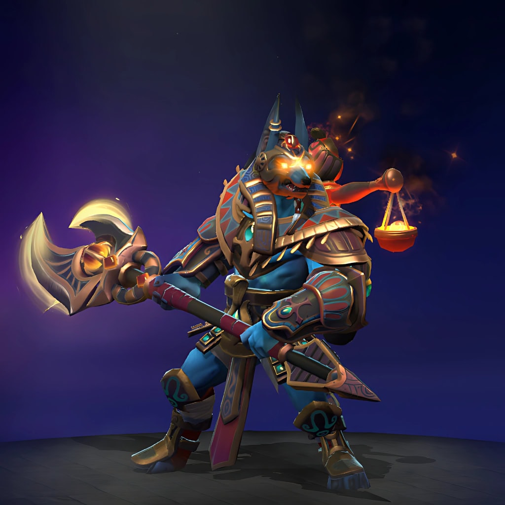 Phantom Lancer's "Scales of the Shadow Walker" Aghanim's 2021 Collector's Cache set. Features an iconic Anubis headdress, ornate golden armor, a custom crescent glaive with fiery effects, and a symbolic weighing scale adorning the shoulder.