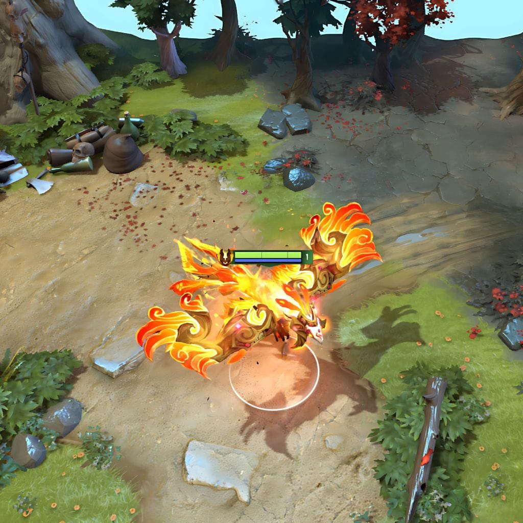 Phoenix shown in-game wearing the Blaze of Oblivion set. The ornate golden plating and imposing masked visage are clearly visible, showcasing the set's complete model overhaul and its full visual impact during a match.