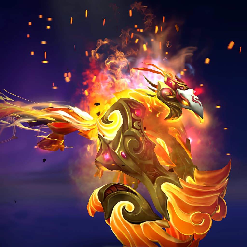 A full view of the Phoenix set, Blaze of Oblivion, from The International 10 Collector's Cache II. This rare Dota 2 set completely reimagines Phoenix as an armored, divine sovereign. Its form is encased in ornate golden plating that glows with internal fire, crowned by an imposing, masked visage. This complete model overhaul gives Phoenix a sharp and formidable presence, radiating intense heat and power.