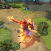 Phoenix shown in-game wearing the Crimson Dawn set. The dark obsidian-like armor plates, brilliant prismatic plumage shifting from deep violet to cerulean blue, menacing draconic headpiece with glowing crimson eyes and a crown of imposing horns, and the unique custom Supernova effect are clearly visible, showcasing the set's full intimidating impact.