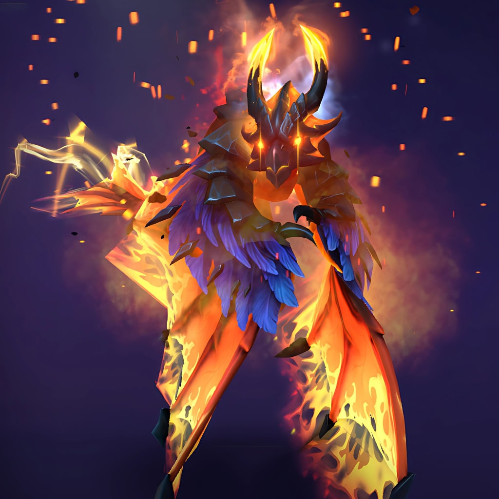 Phoenix's "Crimson Dawn" Diretide 2022 Collector's Cache set. Reborn as an armored demigod of fire and shadow, featuring dark obsidian-like plates, brilliant prismatic plumage shifting from deep violet to cerulean blue, a menacing draconic headpiece with glowing crimson eyes and imposing horns, and a custom Supernova effect.