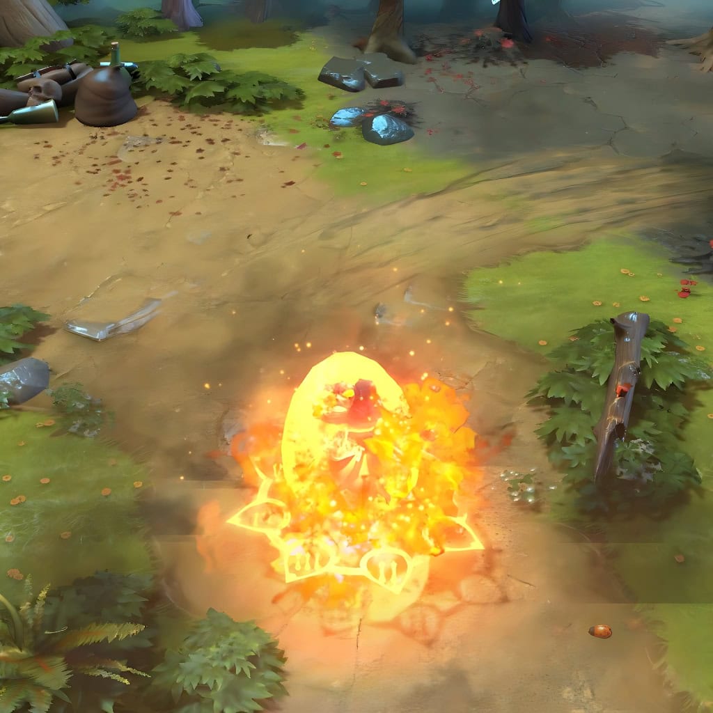 Phoenix's "Crimson Dawn" Diretide 2022 Collector's Cache set shown in its custom Supernova ultimate form. The egg is reborn as a brilliant sun, revealing a more detailed and defiant fledgling form within its stellar prison, surrounded by intense solar flares.