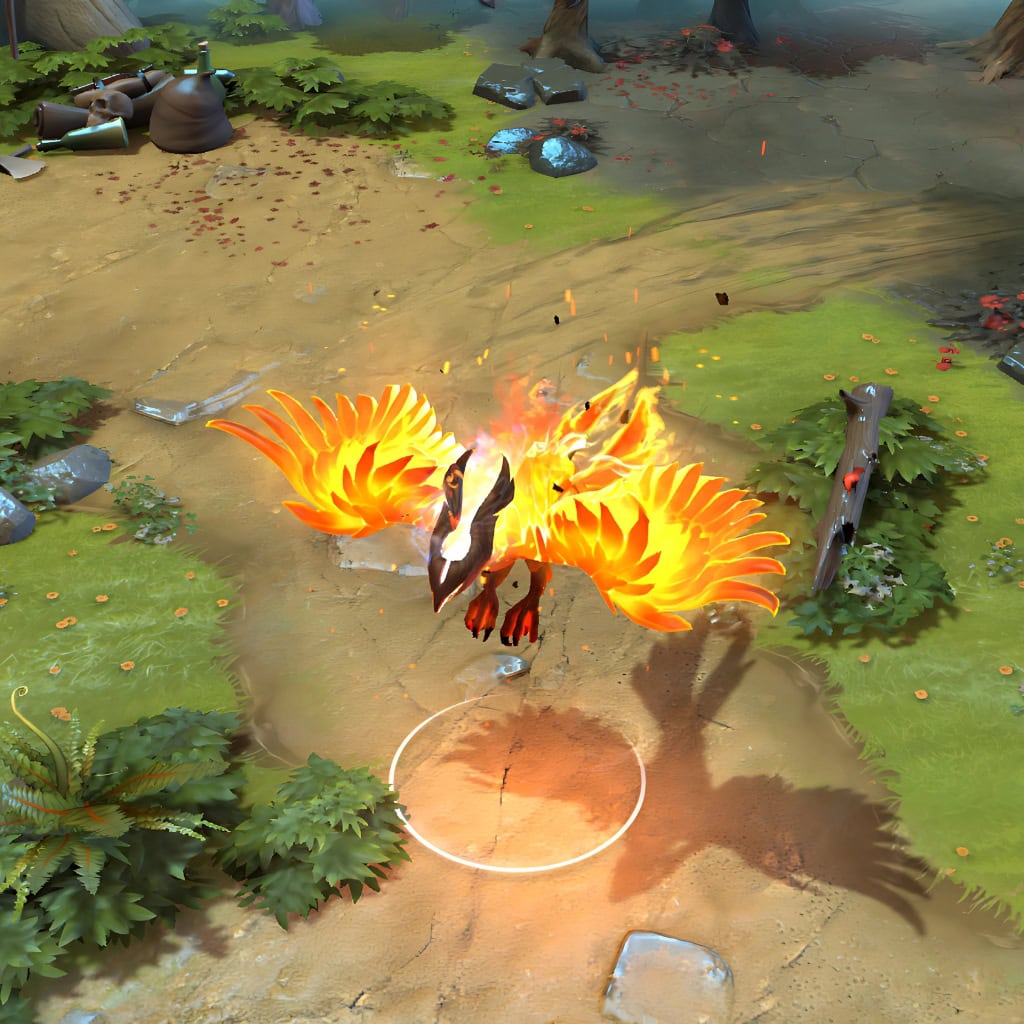 A gameplay screenshot of Phoenix's default model in Dota 2. This serves as a baseline to contrast with the completely overhauled model, Crystalline Form, and custom Supernova Ultimate of the Ire of Molten Rebirth cosmetic set.