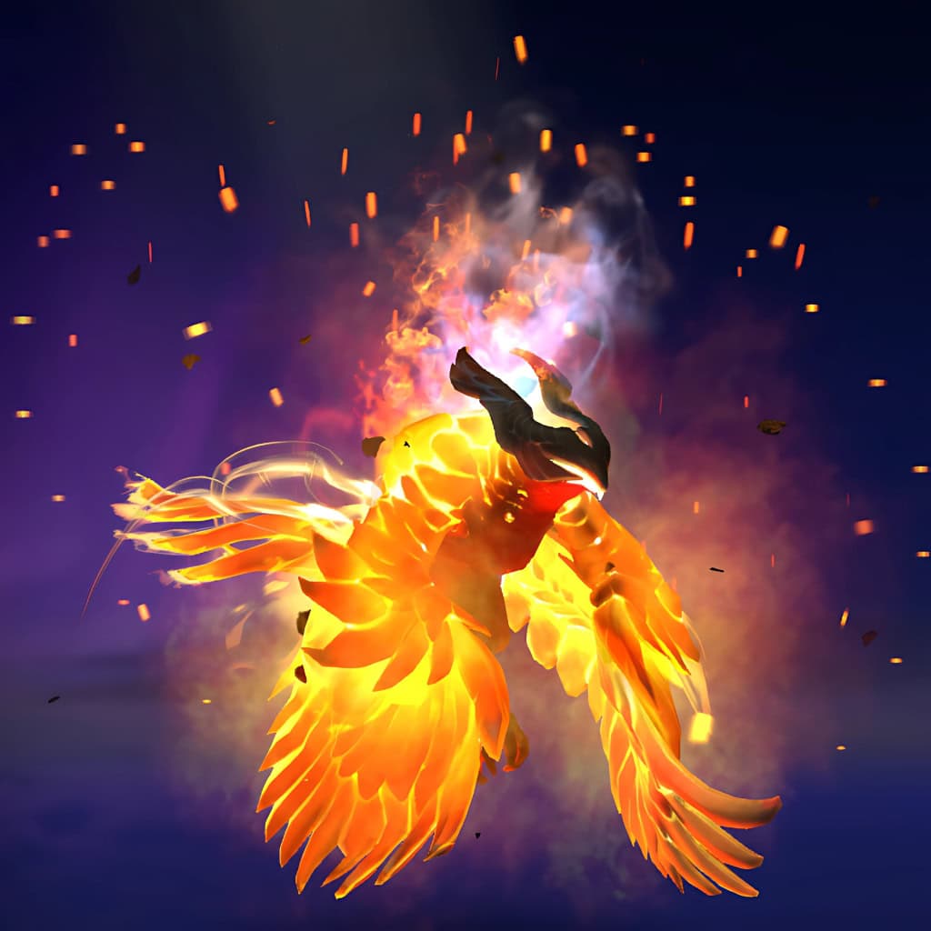 The default skin of Phoenix, shown for comparison with the Blaze of Oblivion set. This highlights the transformation from the familiar elemental form to the set's heavily armored, divine sovereign aesthetic.