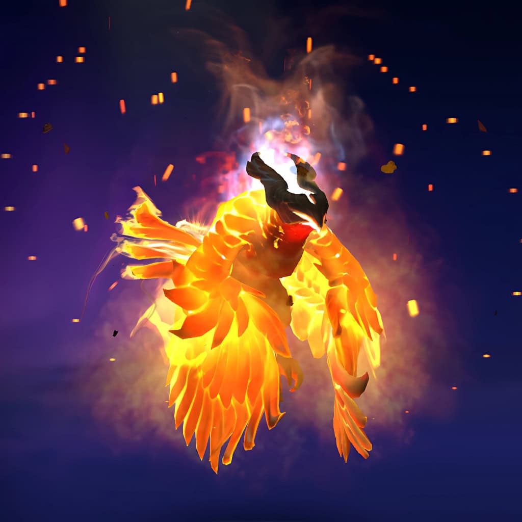The default skin of Phoenix, a being of pure starfire, shown for comparison with the Star Sage set. This highlights the transformation into a corporeal cosmic owl with a molten core, dual-themed wings, and a lunar-crested helmet.