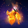 The default skin of Phoenix, a being of pure starfire, shown for comparison with the Star Sage set. This highlights the transformation into a corporeal cosmic owl with a molten core, dual-themed wings, and a lunar-crested helmet.