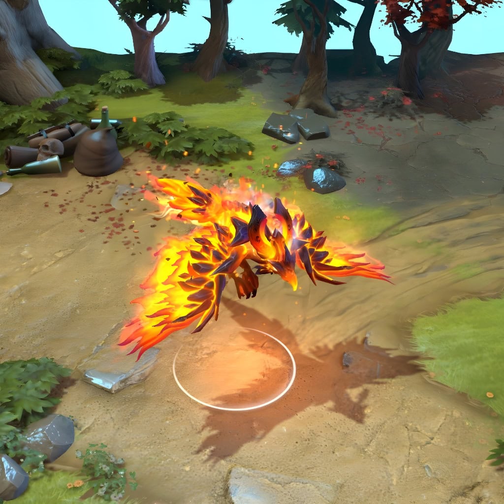 Phoenix in-game wearing the "Ire of Molten Rebirth" set from The International 2018 Collector's Cache II. Its Crystalline Form with sharp, volcanic shards, glowing Ancient Runic Sigil head, and vibrant molten effects are clearly visible, showcasing its aggressive presence.