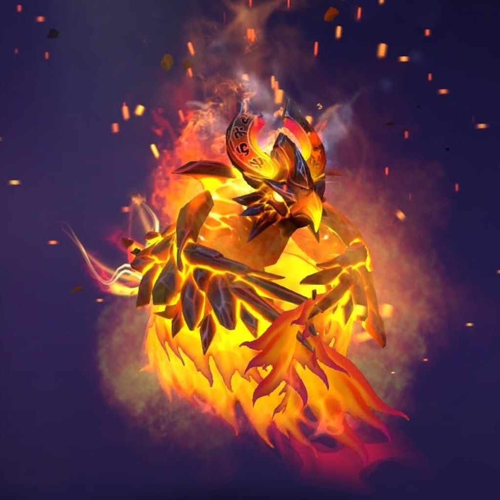Phoenix's "Ire of Molten Rebirth" The International 2018 Collector's Cache II set. This rare cosmetic transforms Phoenix into a menacing being of jagged crystal and superheated magma. Its entire body is reformed with sharp, volcanic shards and features an Ancient Runic Sigil head.