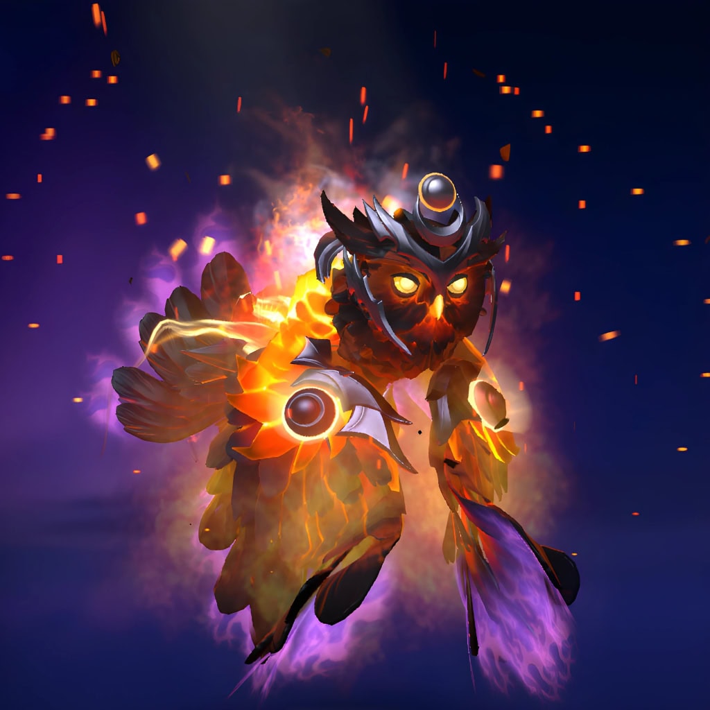 Phoenix's "Star Sage" Cosmic 2025 Heroes Hoard set. Reimagines Phoenix as a cosmic owl with a molten core, featuring a helmet with intensely glowing eyes and a lunar crest, wings that fuse blazing solar feathers with nebula-purple plumage, and glowing planetary orbs set into its armor.