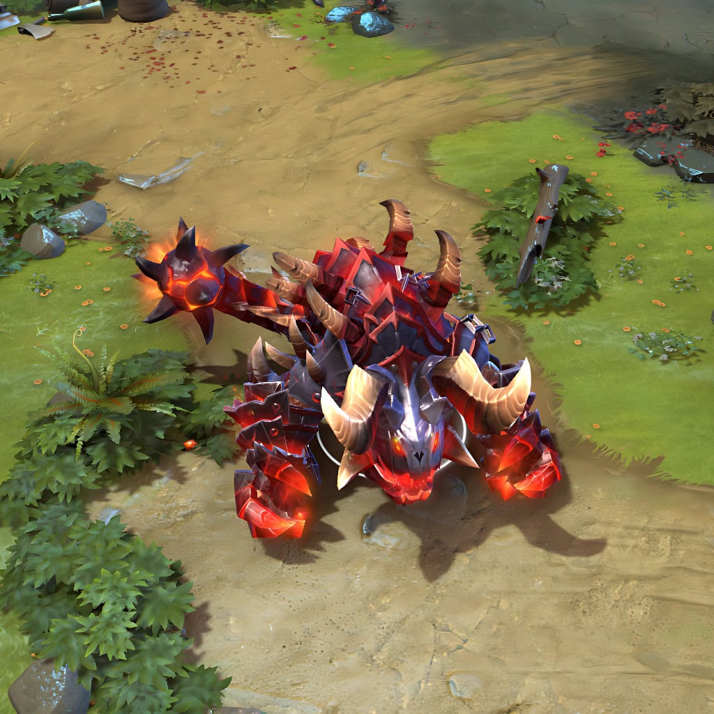 Primal Beast shown in-game wearing the Primeval Abomination set. The charred black armor, molten core, spiky horns, glowing red eyes, and powerful fists radiating with fiery magma are clearly visible, showcasing the set's full impact during a match.
