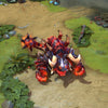 Primal Beast shown in-game wearing the Primeval Abomination set. The charred black armor, molten core, spiky horns, glowing red eyes, and powerful fists radiating with fiery magma are clearly visible, showcasing the set's full impact during a match.