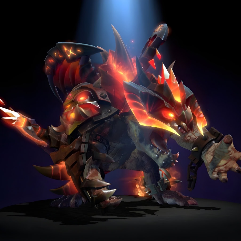 Svarog the Infernal set for Primal Beast from the Winter 2024 Heroes Hoard. This Dota 2 skin features jagged, superheated rock armor with glowing horns and volcanic detailing.