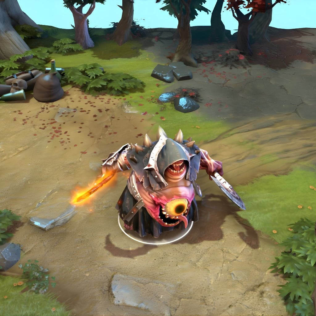 Pudge shown in-game wearing the Aberrant Observer Ultra Rare set. The massive Abdominal Eye, horrifying Faceless Maw, Brutal Bone Armor, and custom glowing weaponry are clearly visible, creating a uniquely nightmarish and intimidating presence.