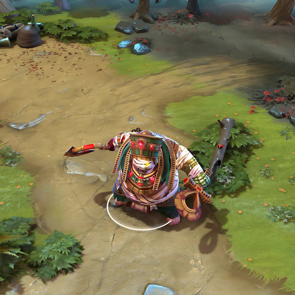 Pudge shown in-game wearing the Cursed Cryptbreaker set. The ornate golden headdress with a glowing red eye, detailed teal-and-gold funerary armor, and the massive scarab backplate are clearly visible. His custom Khopesh hook and Ankh artifact showcase the set's full impact, adding archaic might to every gank and teamfight.