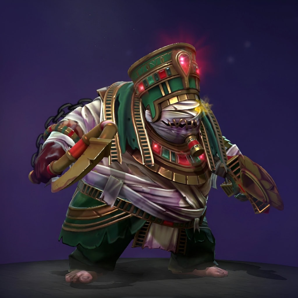 Pudge's "Cursed Cryptbreaker" Diretide 2022 Collector's Cache II set. This cosmetic reimagines Pudge as a resurrected pharaonic guardian, bound in mummy wrappings and intricate teal-and-gold funerary armor. He wears an ornate golden headdress with a single, ominous glowing red eye. His meat hook is replaced by a wicked, sickle-like Khopesh with golden blades, and he wields a heavy Ankh artifact in his off-hand. The back features a massive, detailed scarab beetle backplate.