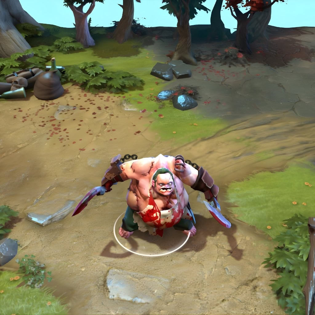 A gameplay screenshot of Pudge's default model in Dota 2. This serves as a baseline to contrast with the completely reinvented silhouette and unique in-game presence of the Aberrant Observer cosmetic set.