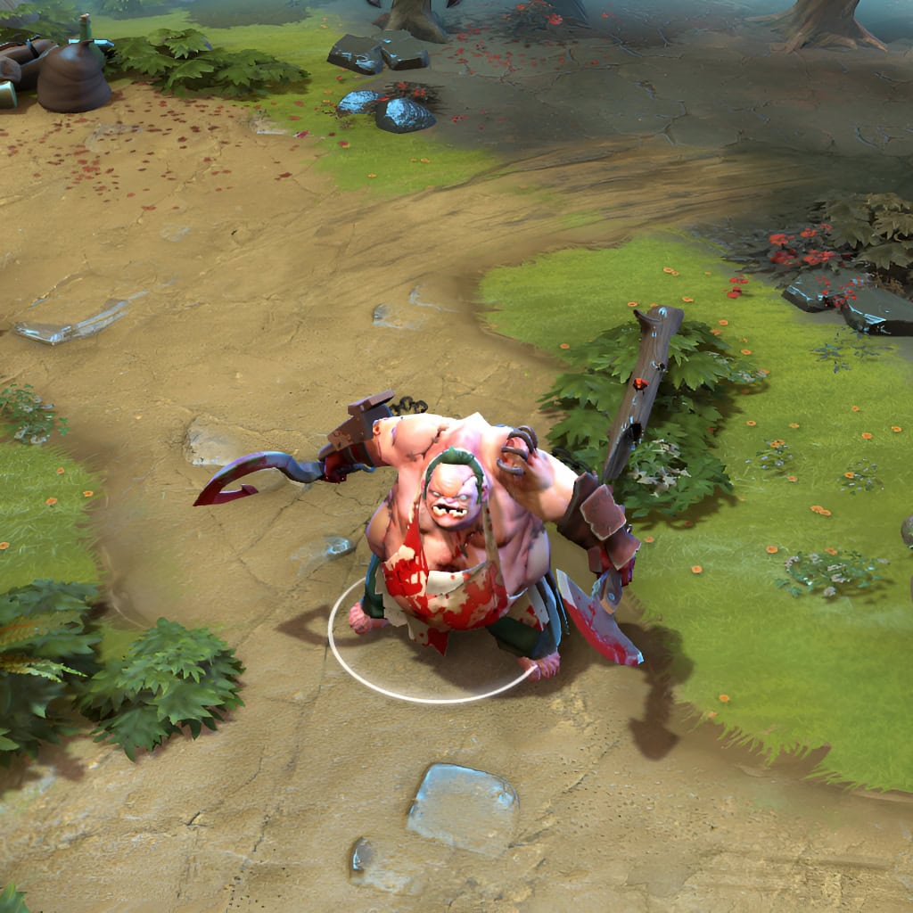 A gameplay screenshot of Pudge's default model in Dota 2. This serves as a baseline to contrast with the enhanced in-game visuals, unique ancient Egyptian mummy aesthetic, and custom weapons of the Cursed Cryptbreaker cosmetic set.