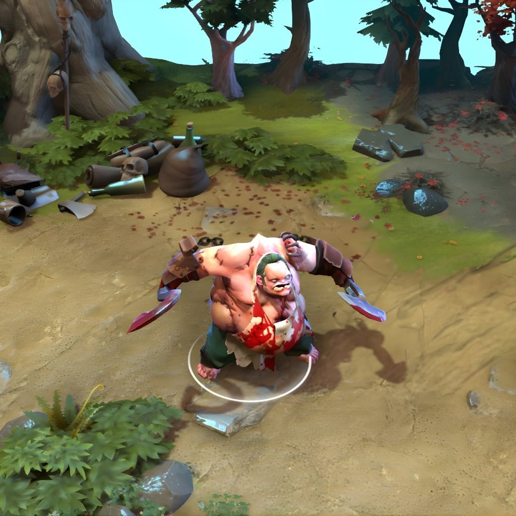 A gameplay screenshot of Pudge's default model in Dota 2. This serves as a baseline to contrast with the amplified core experience and unique, fearsome presence offered by the Jolly Reaver cosmetic set's anchor and full pirate captain attire.