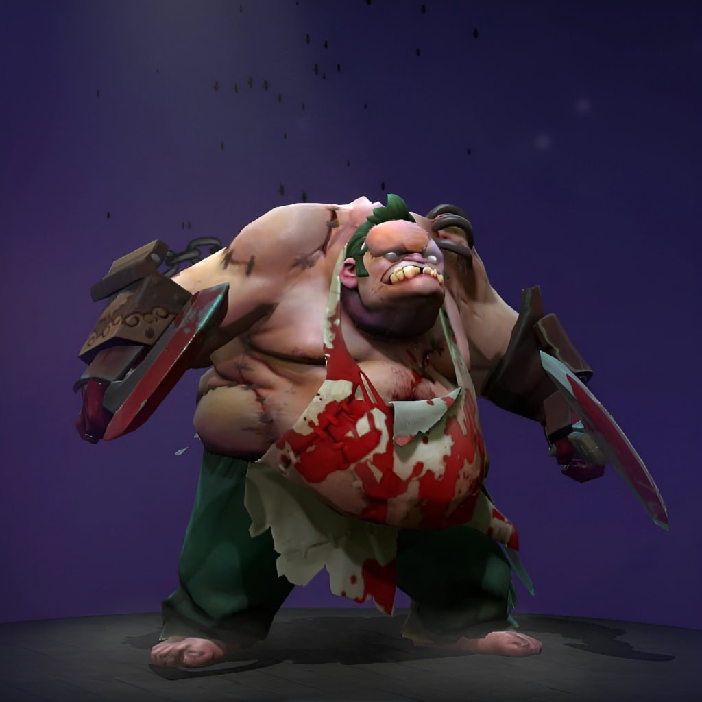 The default skin of Pudge, shown for comparison with the Cursed Cryptbreaker set. This highlights the transformation from his gruesome butcher appearance to an ancient Egyptian mummy guardian with a pharaonic headdress, funerary armor, and a custom arsenal including a Khopesh and Ankh artifact.