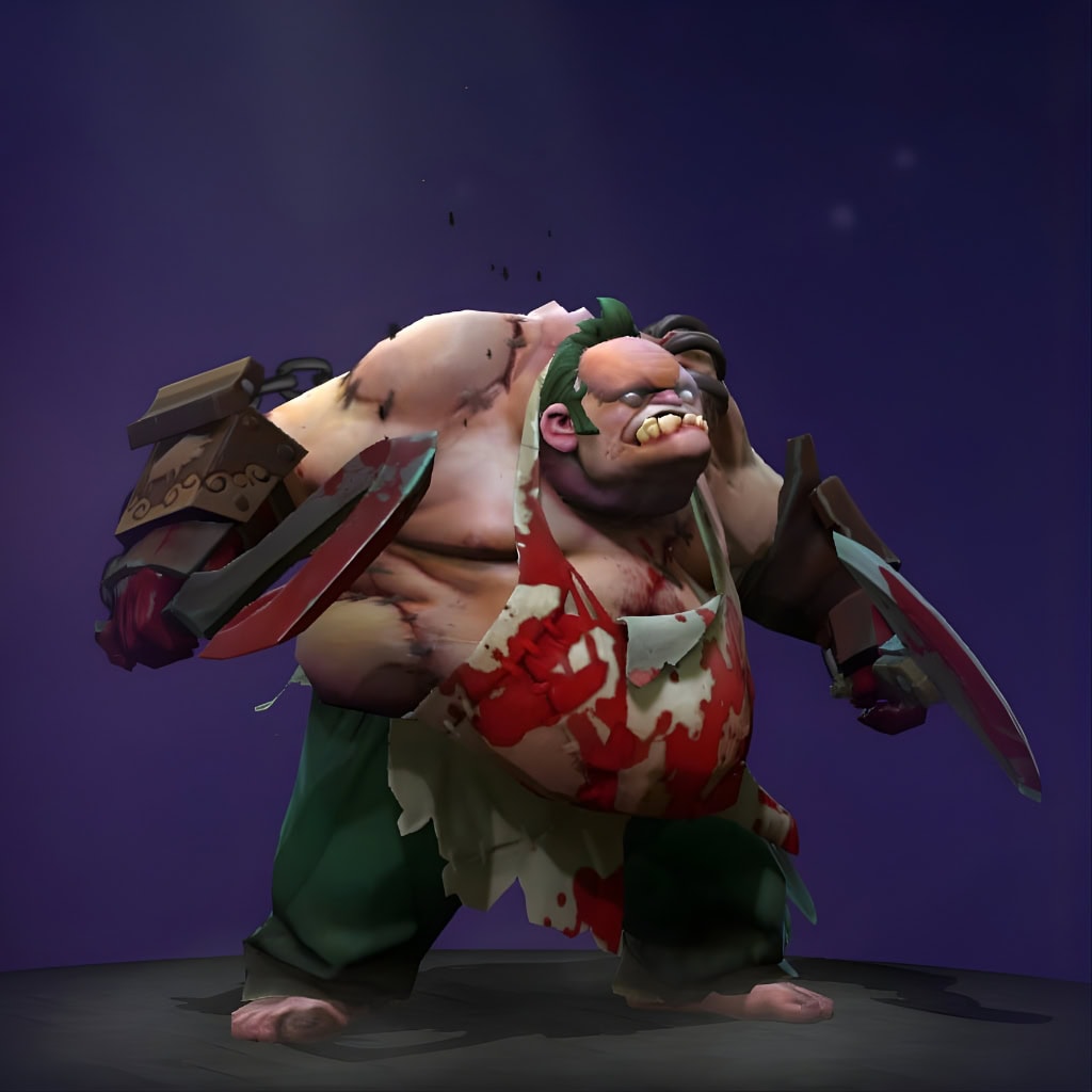 The default skin of Pudge, for comparison with the Doomsday Ripper set from The International 2016 Collector's Cache. This highlights the complete overhaul into a grim executioner with brutal, spike-laden armor, a plague mask, and unique weaponry.