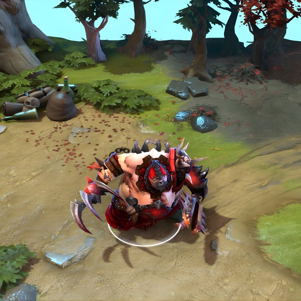Pudge in-game wearing the Doomsday Ripper set from The International 2016 Collector's Cache. The brutal, spike-laden armor, terrifying plague mask with its glowing core, and unique grappling claw are clearly visible, showcasing its intimidating impact.