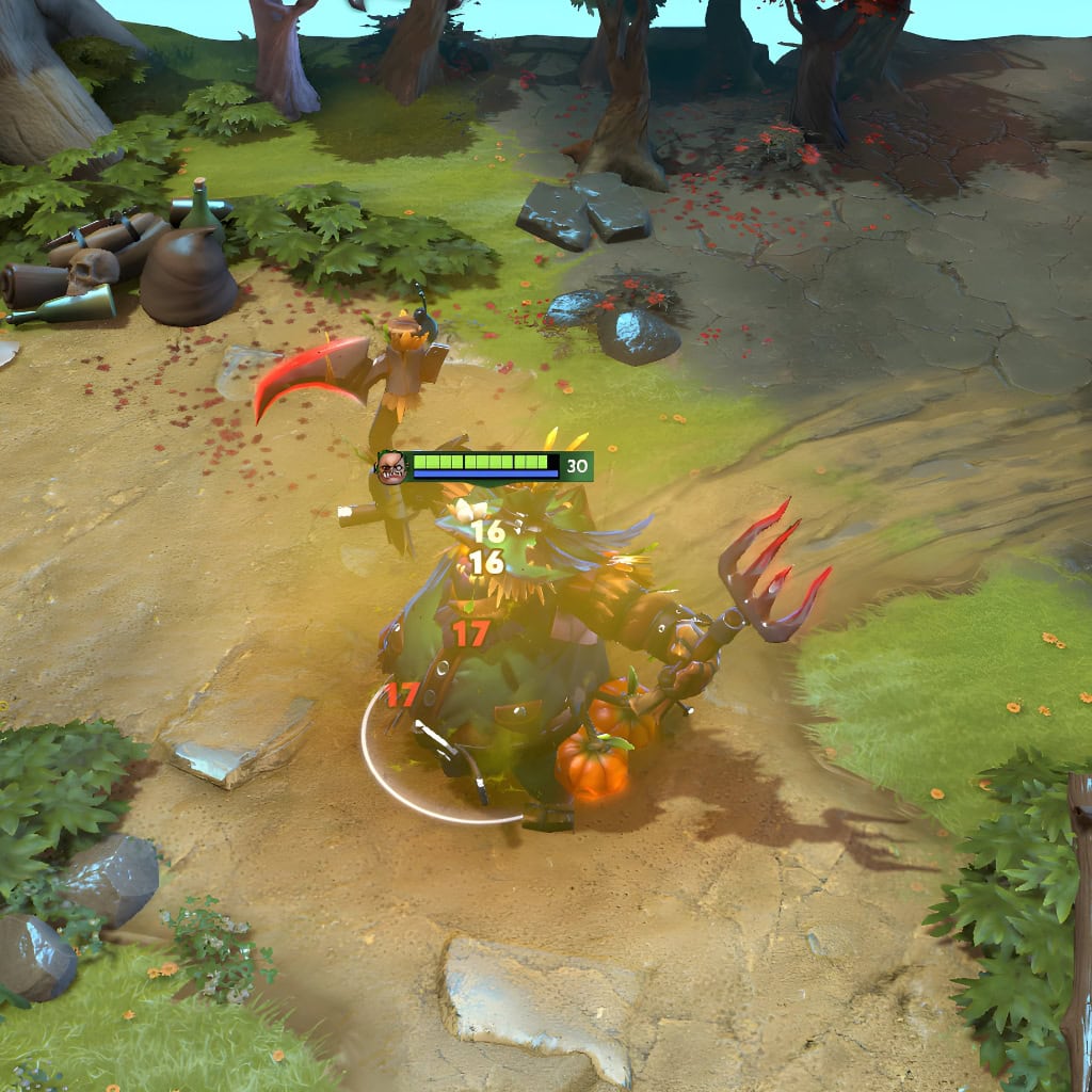 Gameplay screenshot showcasing the Mindless Slaughter set for Pudge from The International 10 Collector's Cache, highlighting his scarecrow model, sinister tools, and eerie jack-o'-lanterns in action.