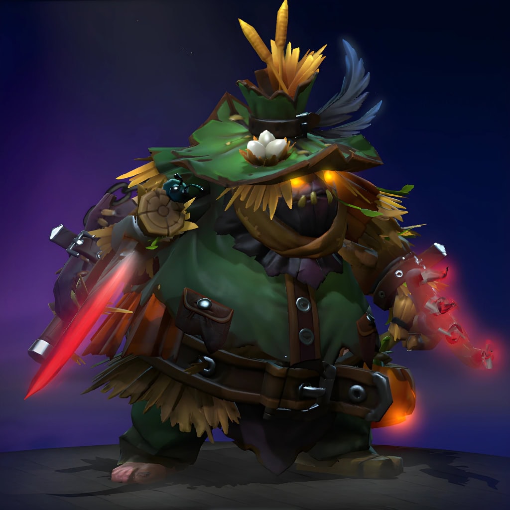 Image of the Mindless Slaughter cosmetic set for Pudge, from The International 10 Collector's Cache in Dota 2, featuring a full scarecrow model of straw and burlap, a terrifying scarecrow mask with glowing ember eyes and a sinister stitched grin, wielding a bloodied sickle hook and brutal offhand pitchfork.