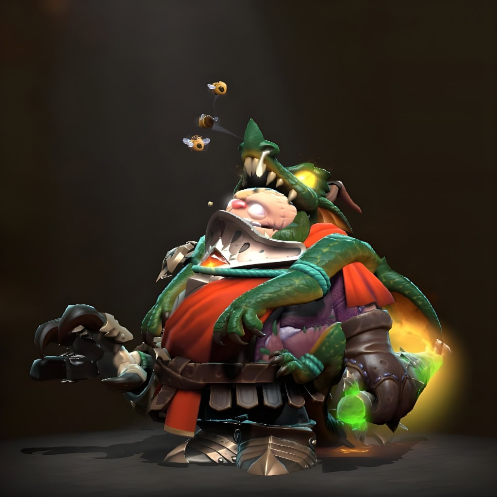 Velveteen Vanquisher set for Pudge Toy Butcher Persona from the Winter 2024 Heroes Hoard. This Dota 2 skin shows the Toy Butcher in knight armor emerging from a green plush dragon costume with buzzing fly effects.