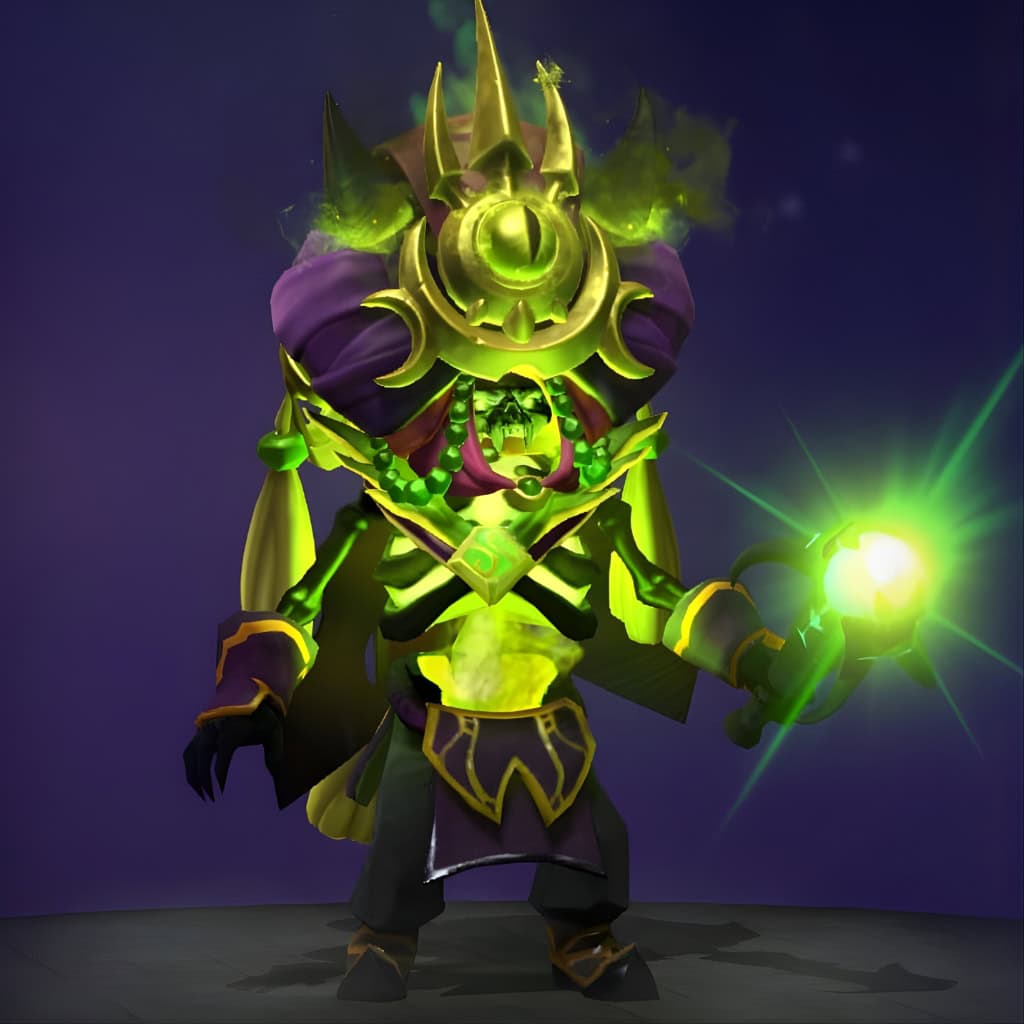Dota 2 Immortal item, Eye of Ix'yxa, is a sinister crown for Pugna featuring a pulsating, slime-green eye with a menacing glow.