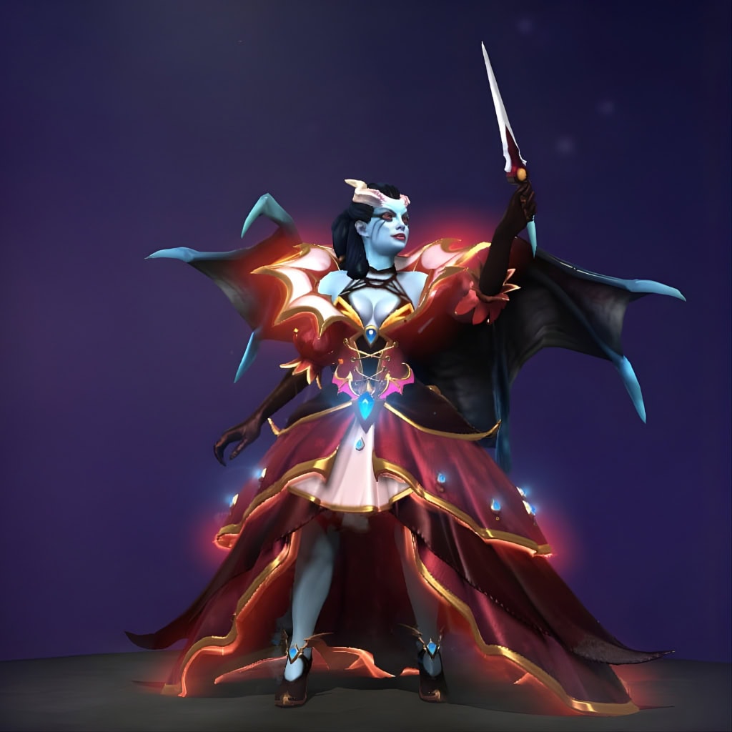 Dota 2 Immortal item, Bloodfeather Finery, is a multi-layered gown for Queen of Pain made of crimson fabric with gold trim and bat-like wings.