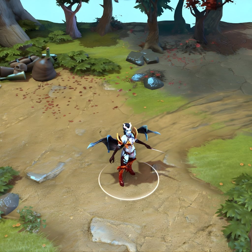 A gameplay screenshot of Queen of Pain's default model in Dota 2. This serves as a baseline to contrast with the regal elegance, formidable impact, and premium quality of the Exquisite Agonies cosmetic set.