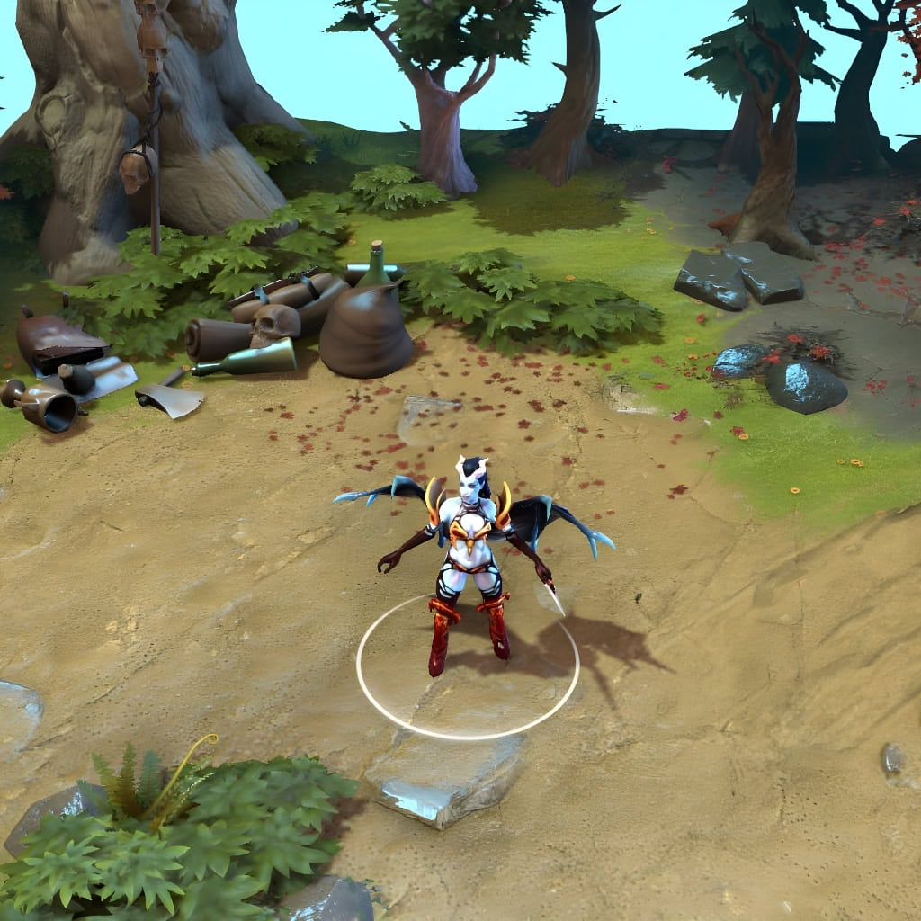 A gameplay screenshot of Queen of Pain's default model in Dota 2. This serves as a baseline to contrast with the imposing silhouette and massive abyssal wings of the Raptures of the Abyssal Kin cosmetic set.