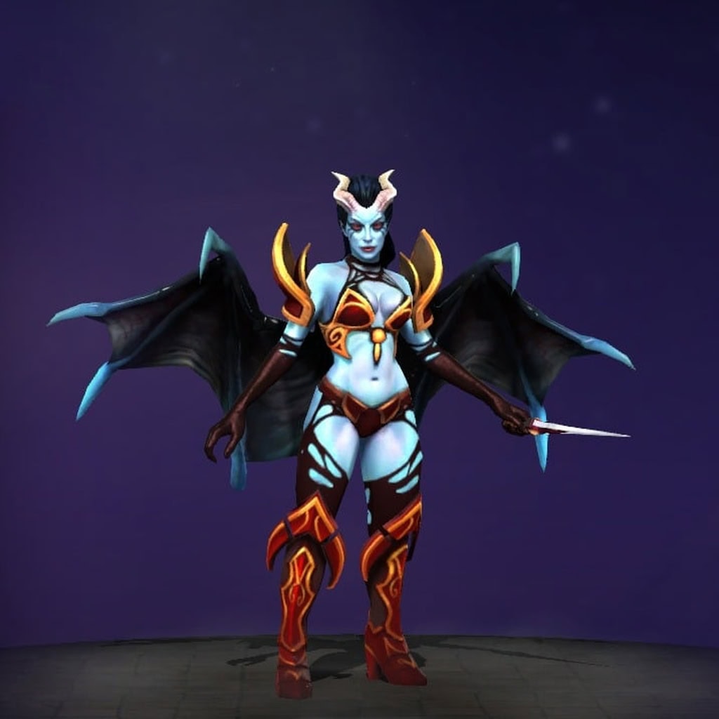 The default skin of Queen of Pain, shown for comparison with the Raptures of the Abyssal Kin set. This highlights the transformation from a succubus to an abyssal monarch with massive wings, a horned headdress, and a unique glowing dagger.