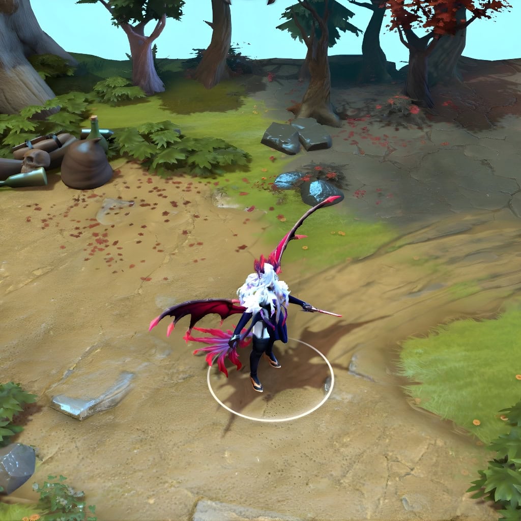 Queen of Pain shown in-game wearing the Exquisite Agonies set. Her stunning red and blue Venetian-inspired attire, large demonic wings, and menacing horn headdress create a look of deadly opulence on the battlefield.