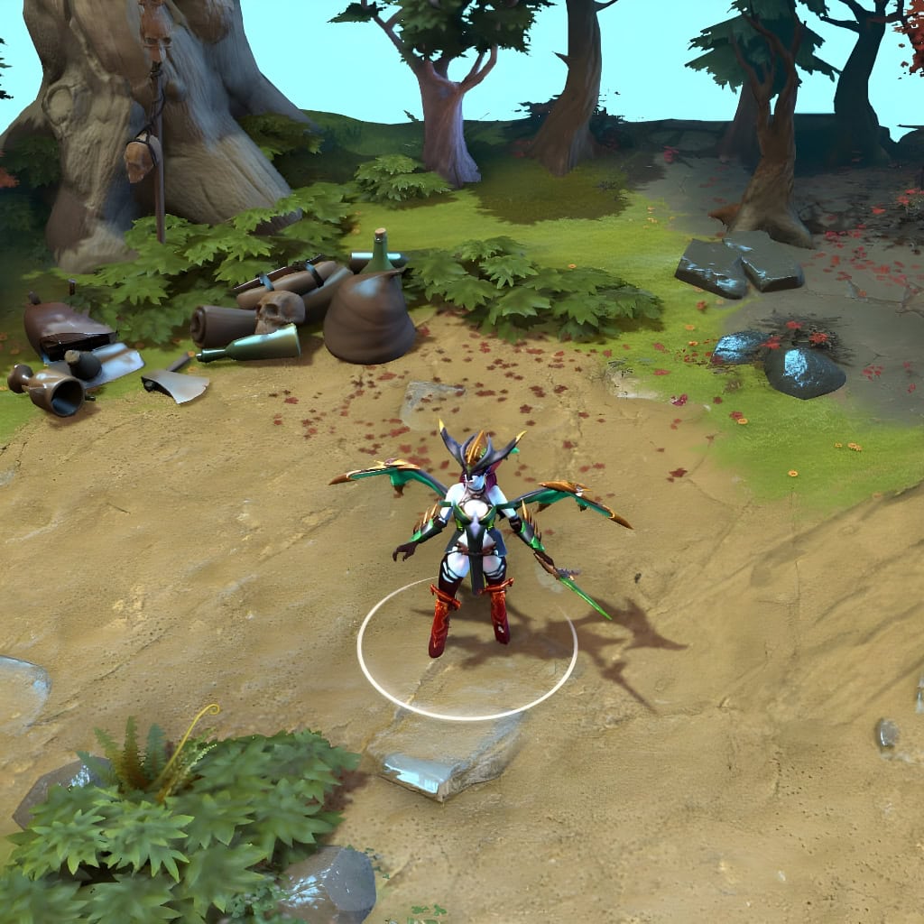 Queen of Pain shown in-game wearing the Raptures of the Abyssal Kin set. Her massive bat-like wings with golden armatures and glowing green membranes create a dominant and intimidating presence, complemented by her horned headdress.