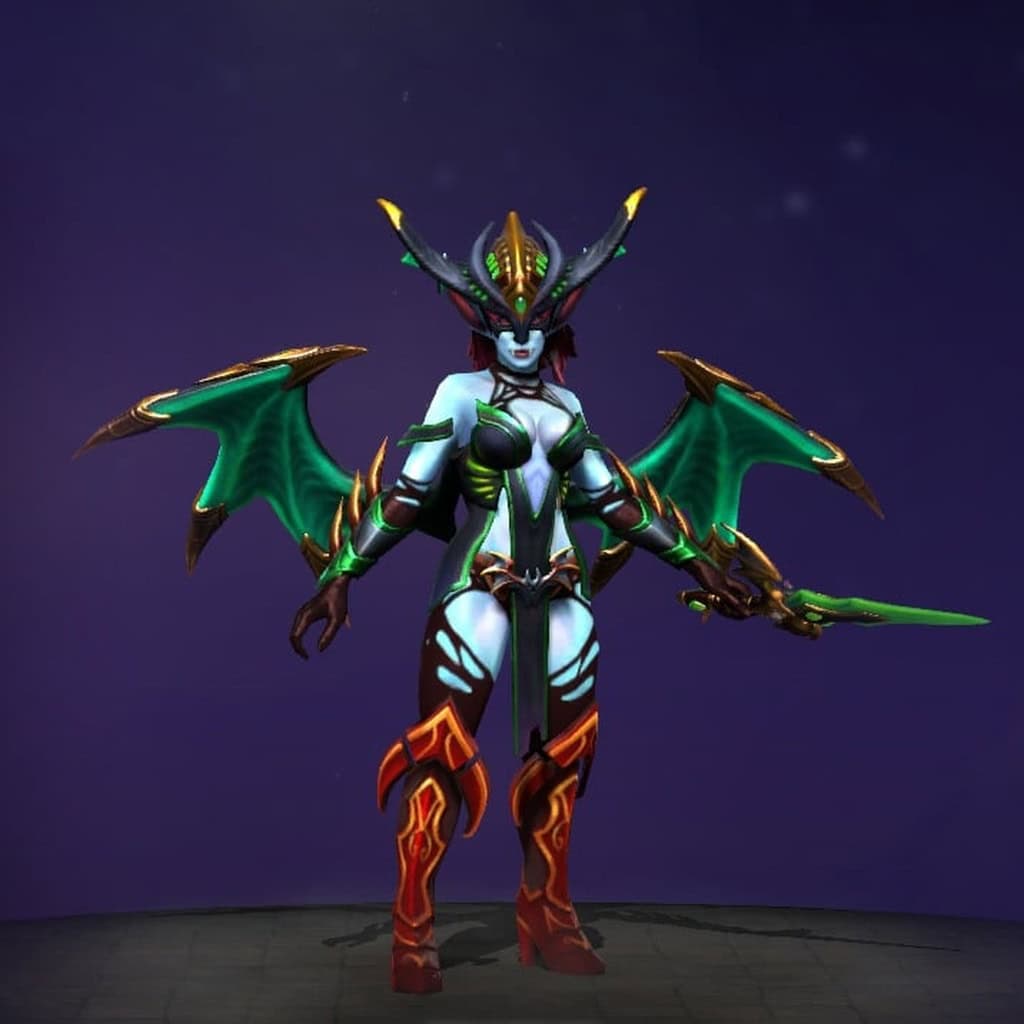 Queen of Pain's "Raptures of the Abyssal Kin" The International 2018 Collector's Cache set. Transforms her into an abyssal monarch with massive bat-like wings held by golden armatures with glowing green membranes. Features a regal horned headdress and a vicious, glowing dagger.