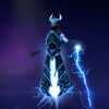 The default skin of Razor, shown for comparison with the Test of the Basilisk Lord set. This highlights the transformation into a terrifying serpentine power, featuring dark ornate armor, a crackling electrical whip, an imposing basilisk helm, and snake head details on the robes.