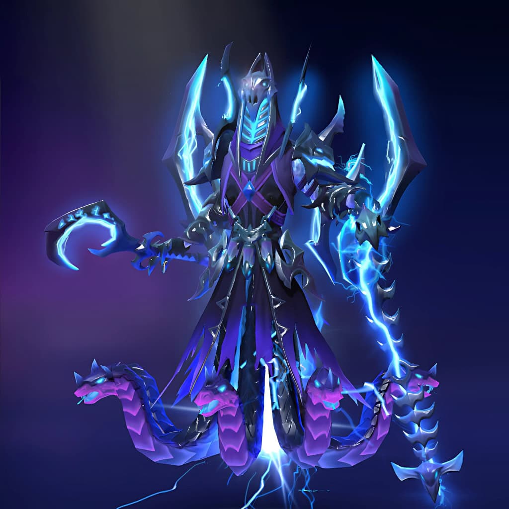 Razor's "Test of the Basilisk Lord" Aghanim's 2021 Collector's Cache set. Features dark, ornate armor crackling with vivid blue electrical energy, an imposing basilisk helm, a serpentine electrical whip, and distinct snake head ornaments on his lower robes.