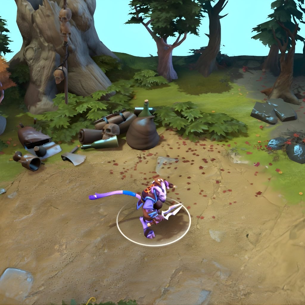 A gameplay screenshot of Riki's default model in Dota 2. This serves as a baseline to contrast with the piratical flair, unique arsenal, and school of spectral, piranha-like fish ambient effect from the Cunning Corsair cosmetic set.