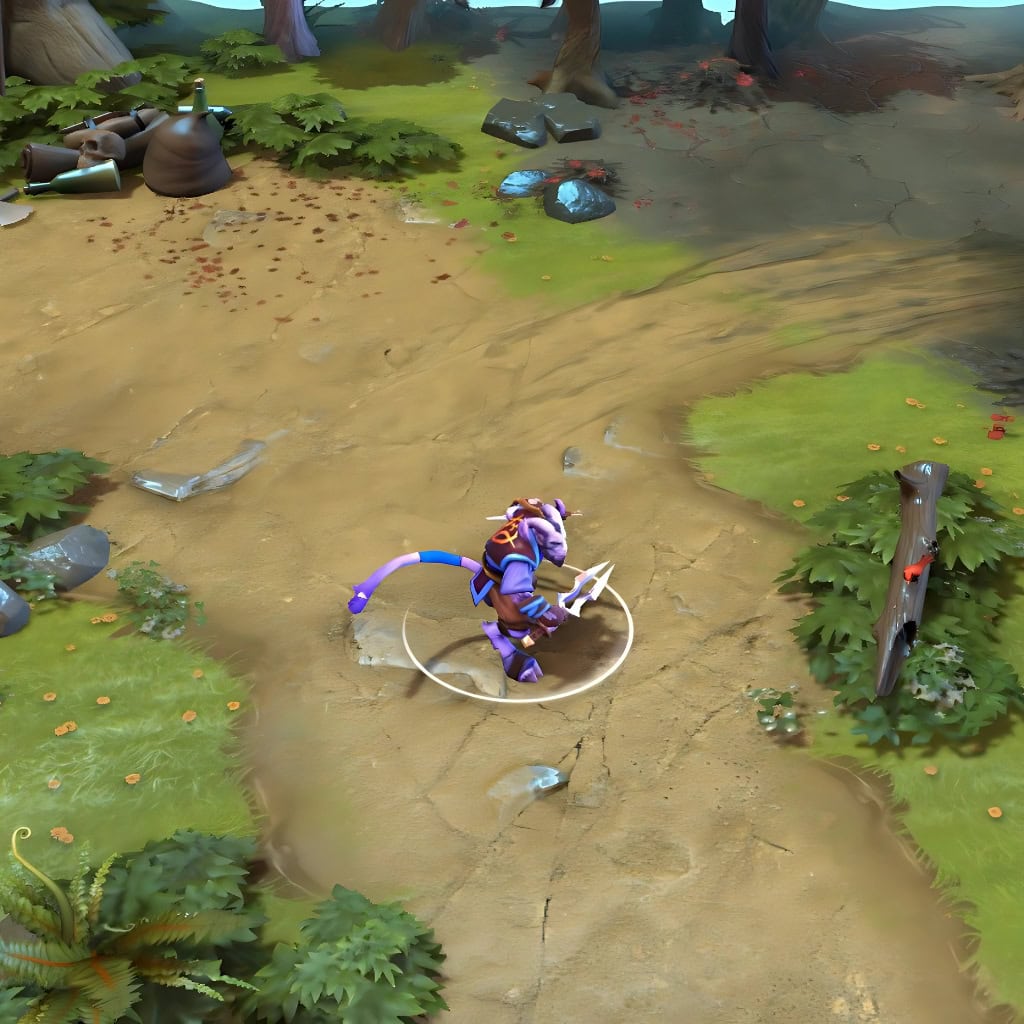 A gameplay screenshot of Riki's default model in Dota 2. This serves as a baseline to contrast with the enhanced in-game visuals, unique Oni mask, custom crimson glowing blade, and ethereal cloak effects of the Scarlet Subversion cosmetic set.