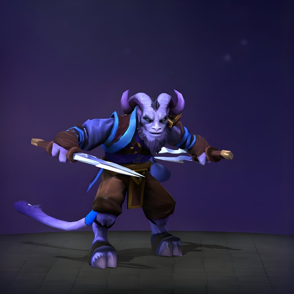 The default skin of Riki, shown for comparison with the Cunning Corsair set. This highlights the thematic overhaul into a grizzled phantom of the high seas, complete with a veteran sea dog's white hair, pirate bandana, and glowing aquamarine eyepieces.