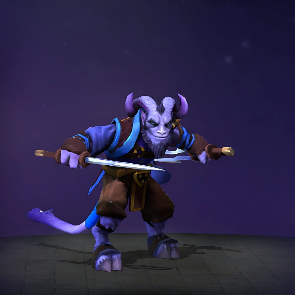 The default skin of Riki, shown for comparison with the Scarlet Subversion set. This highlights the transformation into a supernatural menace, featuring an Oni mask, samurai-esque armor, a glowing crimson blade, and an ethereal cloak that leaves a spectral trail.