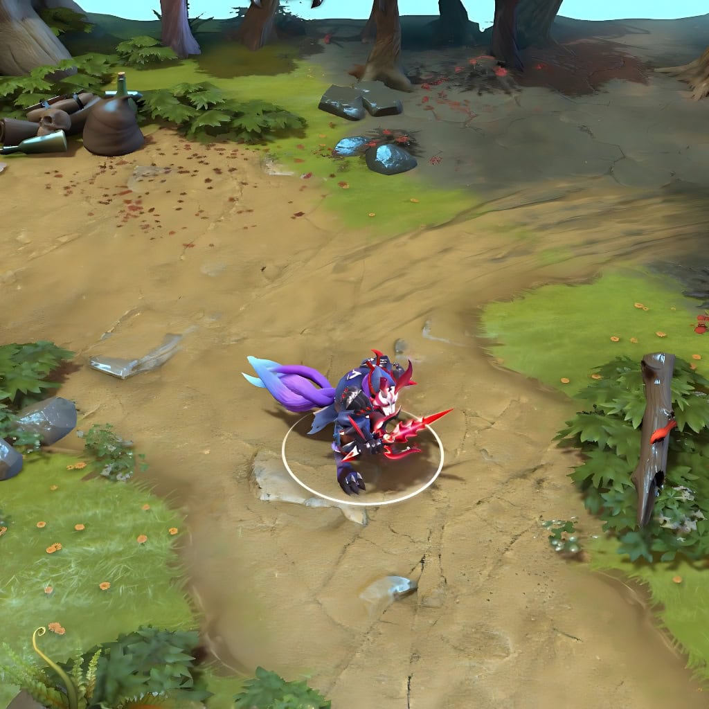Riki shown in-game wearing the Scarlet Subversion set. The fearsome white and red Oni-inspired mask with glowing red horns, samurai-esque angular pauldrons, a custom crimson glowing blade, and the flowing purple tail fading into a ghostly blue spectral trail are clearly visible, showcasing the set's full intimidating impact.